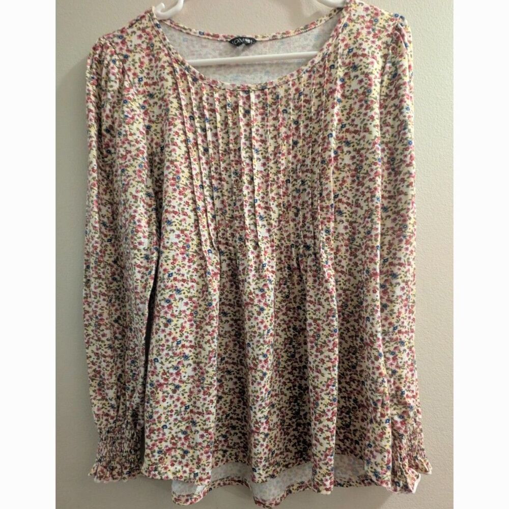 Floral Micro Print Pintuck Pleat Blouse Smocked Cuff Long Sleeve